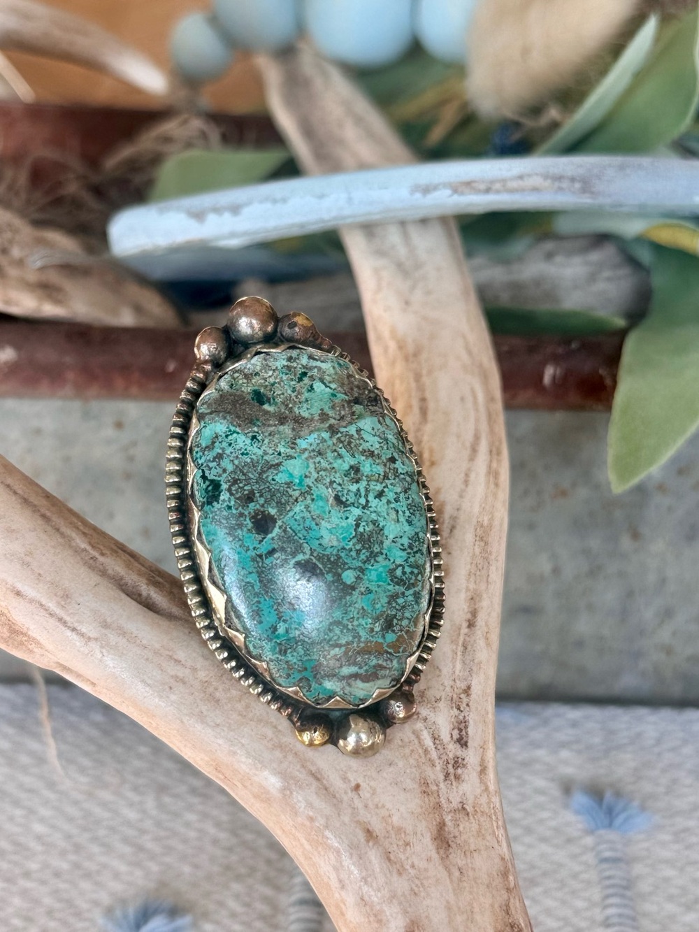 Tibetan Oval Statement Ring - Green Turquoise Stone